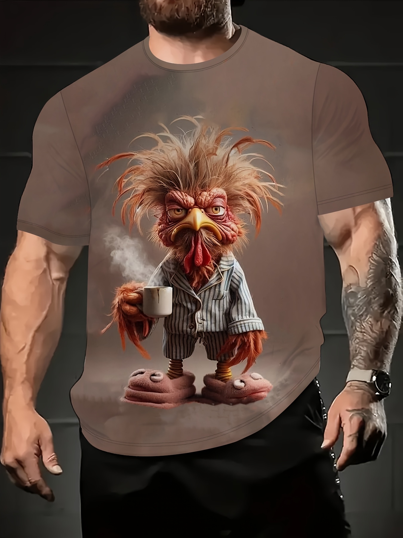 Men's Big & Tall Funny 3D Print Rooster Graphic T-Shirt - Whimsical Clothing Rooster Design, Casual Streetwear Short Sleeve Round Neck Tee, Deep Brown Spring Summer Outdoor Vacation Shirt, Machine Washable, Streetwear Tee, Playful Design Shirt, Durable Casualwear, PLUS SIZE