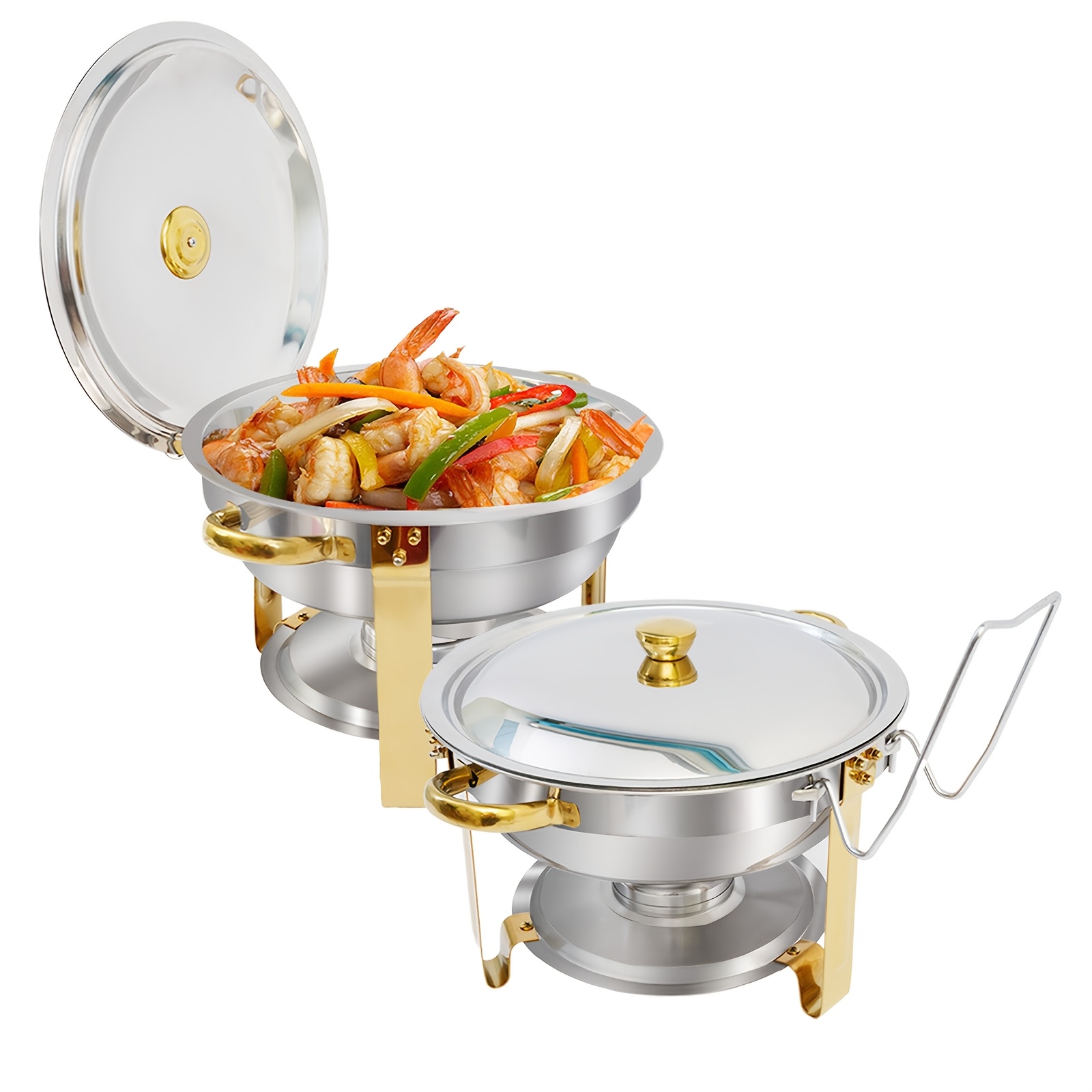 TEMU 6qt Round Stainless Steel Chafing Dish With Glass Lid, Fully Gold Plated With Hanging Rack, Perfect For Catering Services, Wedding Receptions,