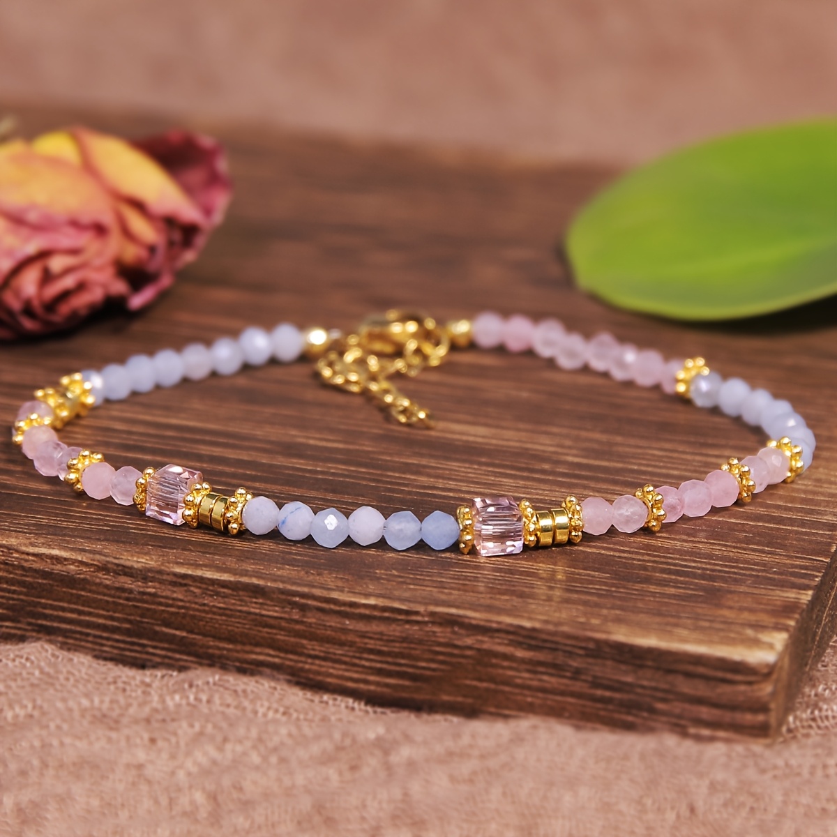 Image of Elegant Natural Aquamarine & Rose Quartz Bracelet - Vintage-inspired, Versatile Fashion Accessory For Women