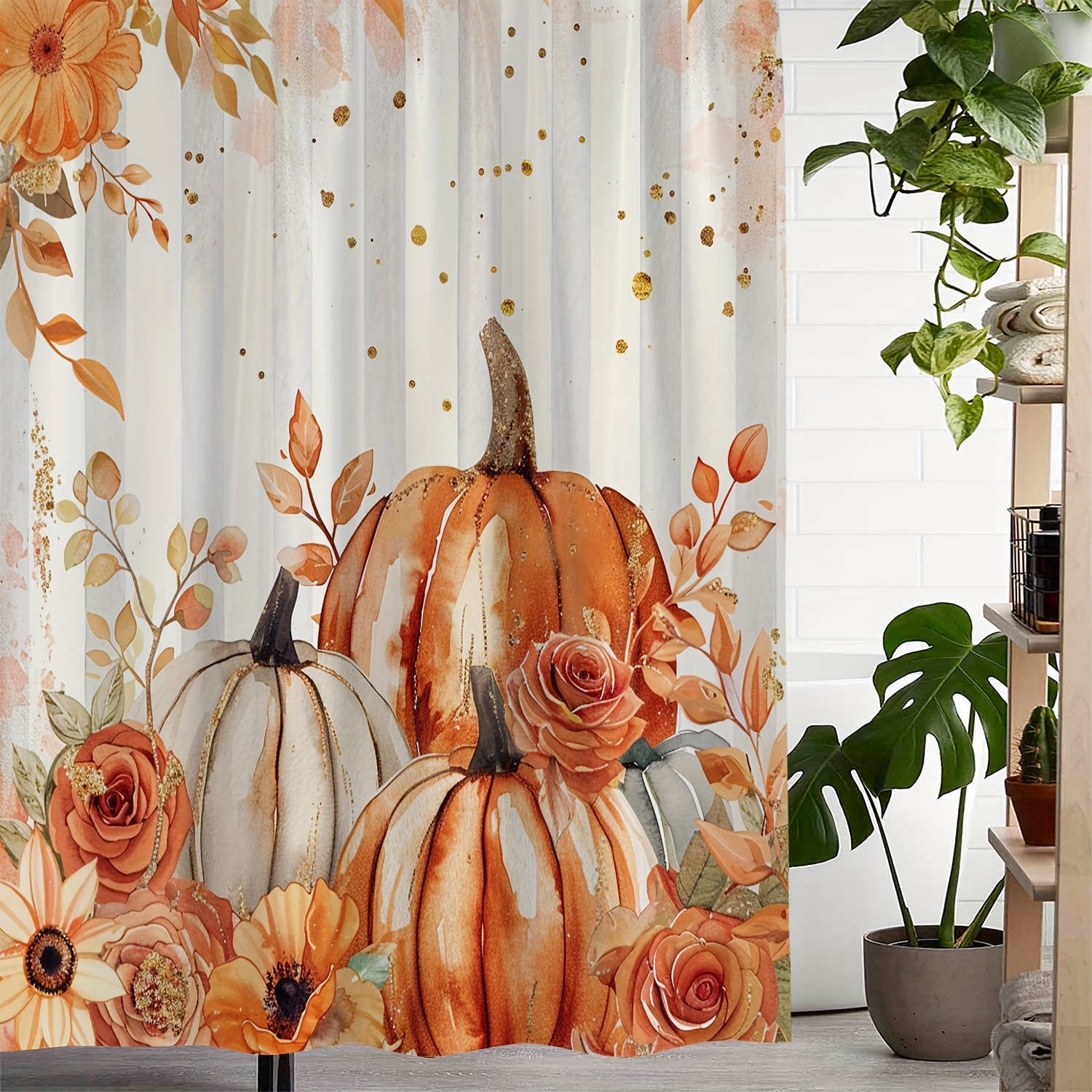 

Ultimate Waterproof Vintage Pumpkin Floral Shower Curtain - 72"x72" (183cmx183cm) - Artistic Design, Machine Washable, 12 Hooks Included, Perfect For Fall Decor