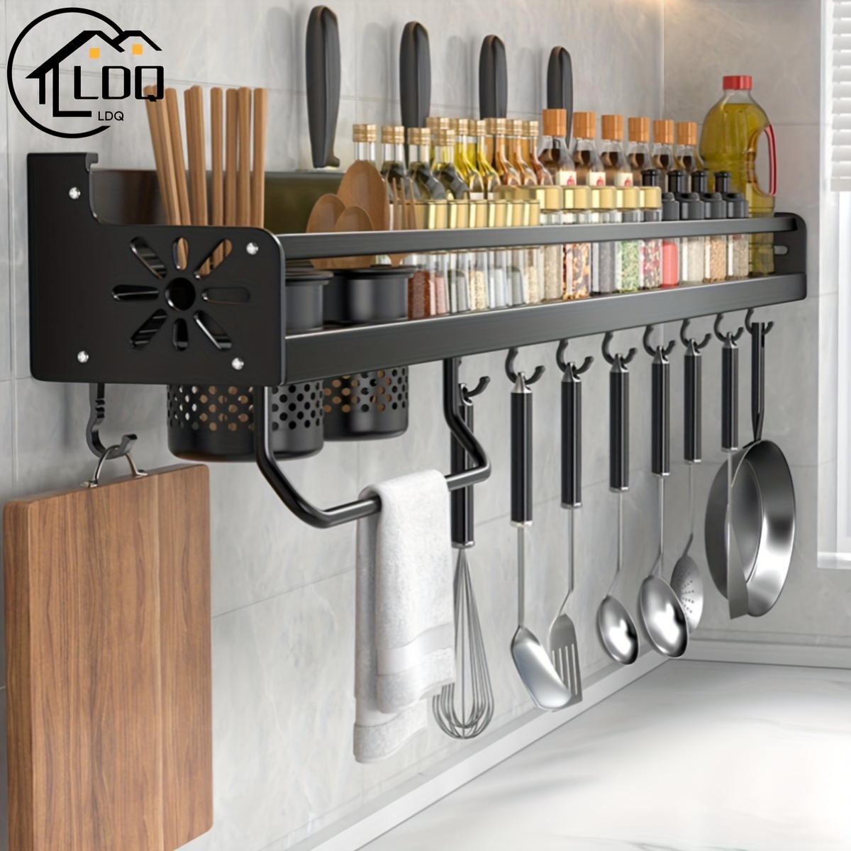 

1pc Ldq Black Metal Wall Mounted Kitchen Shelf - Spice Rack With Knife Holder & Utensil Hooks, Multi-use Indoor Organizer, Uncharged Home Decor Storage