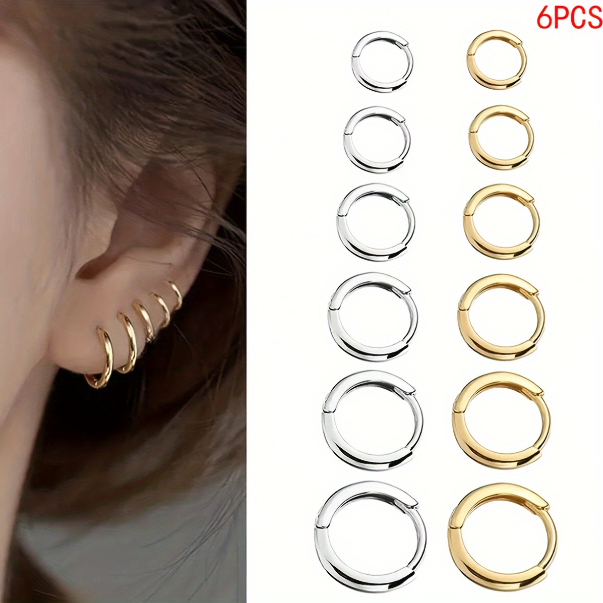 

6pcs Stainless Steel Hoop Earrings Set For Women & Men - Silvery, Golden, Black | Sizes 8mm-18mm | Perfect For Parties & Casual Wear