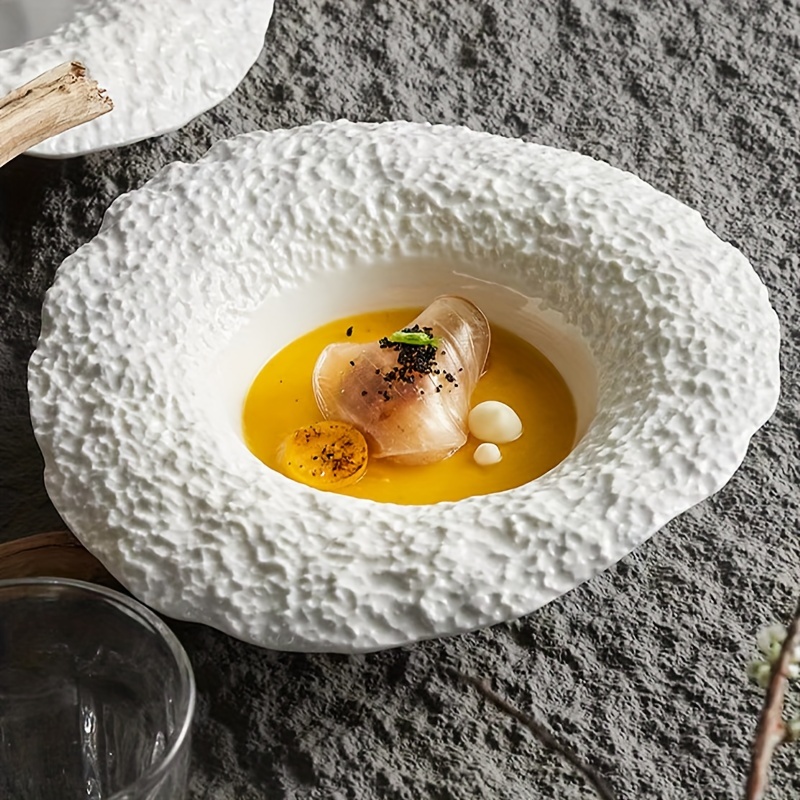 Faridabio Elegant Rock-Patterned Ceramic Plate, Deep Straw Hat-Style Bowl for Pasta, Salads & Soup, Suitable for Family Meals & High-End Restaurant Use, Durable Ceramic Dish, Thoughtful Gift, Versatile Dining Plate for Daily & Special Occasions