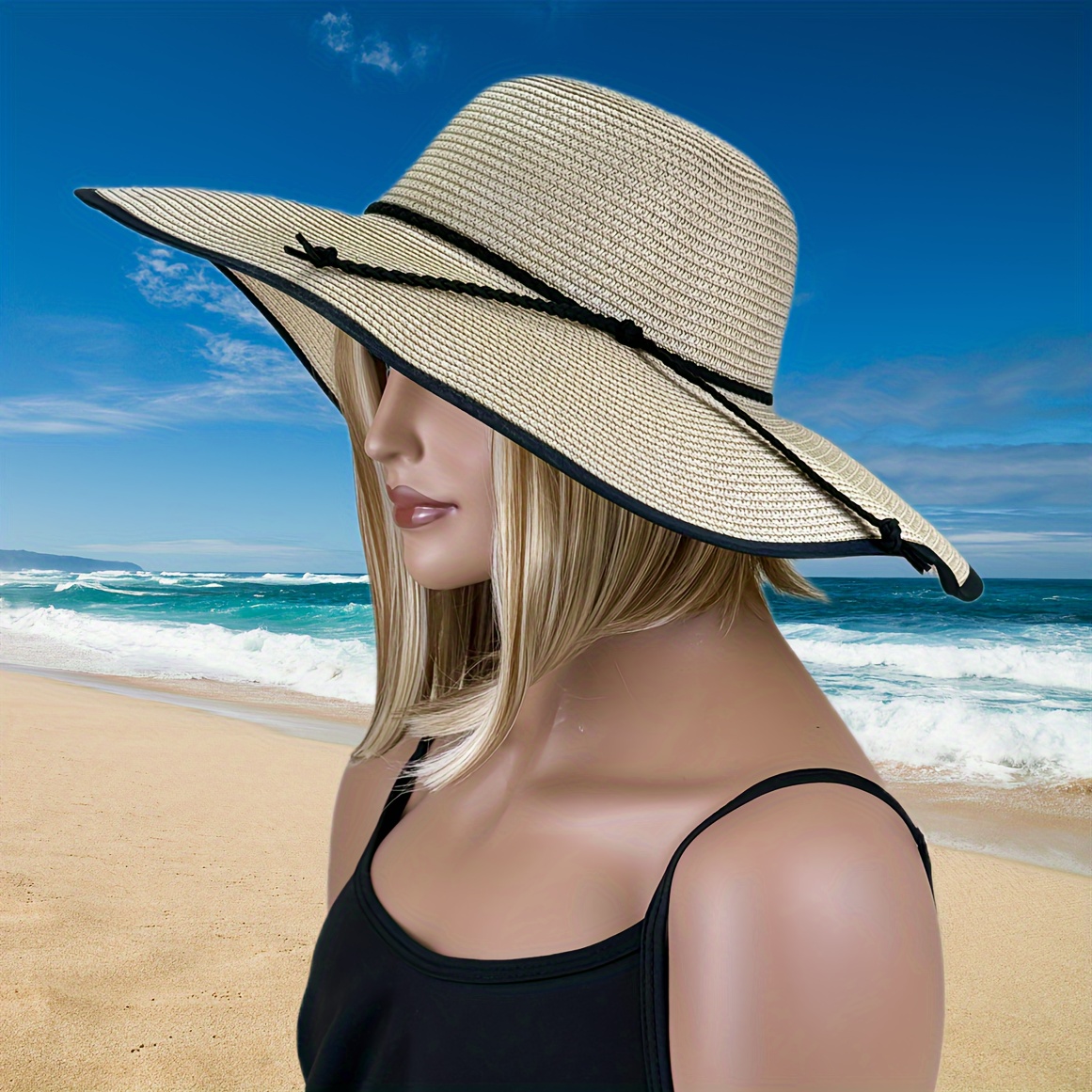 Foldable Wide Brim Sunshade Floppy Hat, Sun Protection Summer Straw Hat with Drawstring Decor for Traveling Hiking, Caps Hats for Women,Temu