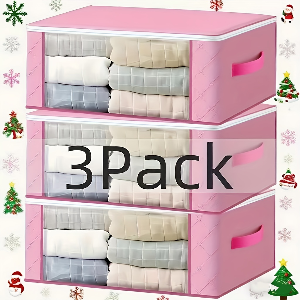 TEMU Sac de rangement pliable pour fenêtre en PVC, tissu non tissé à 3 couches, organisateur transparent pour vêtements et couvertures, rose, style