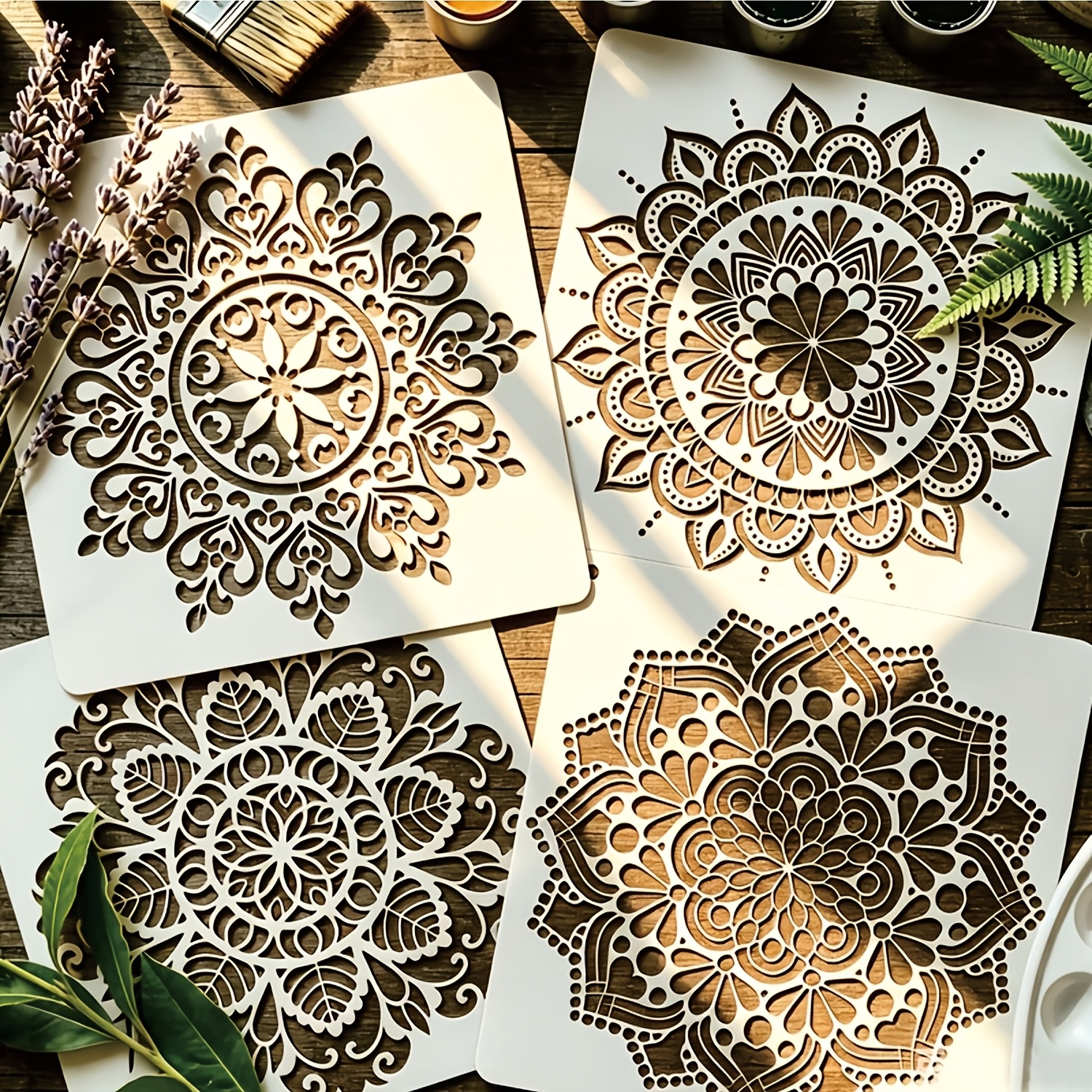 TEMU Set stencil grandi riutilizzabili per pittura a spruzzo su legno da parete con mandala per decorazioni artistiche fai da te