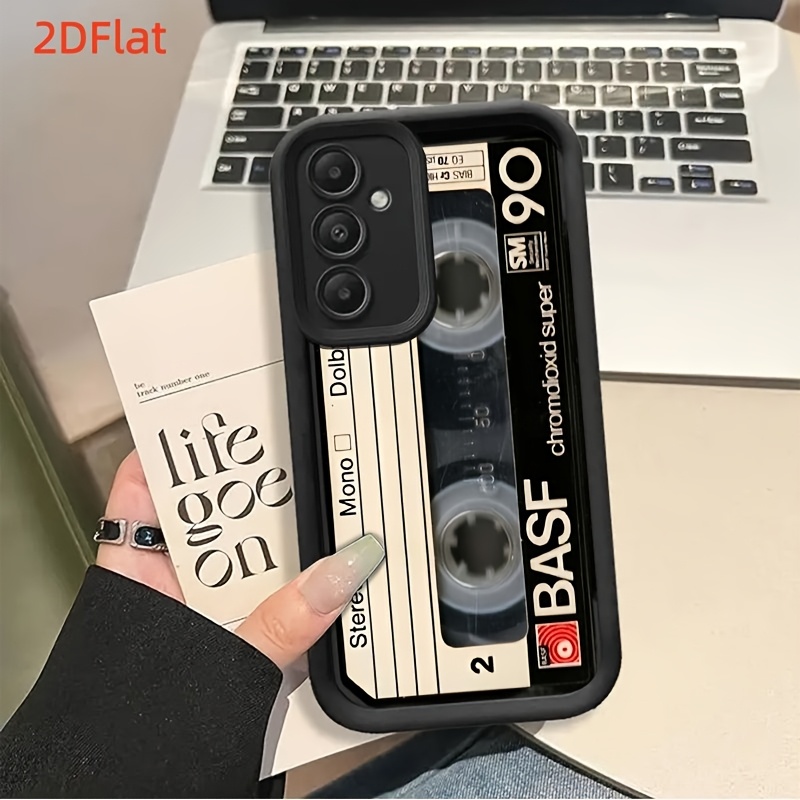 TEMU Phone Case - 2d Flat Phone Case: Retro Cassette Tape Design Case For Galaxy S25 S24 S23 S22 S21 S20 Fe 4g 5g Vintage Style With Chrome Label