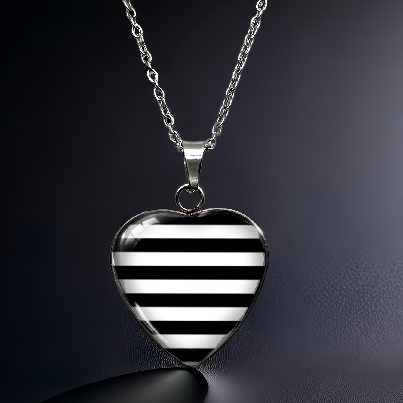 TEMU 1pc Elegant Black And White Geometric Heart Pendant Necklace – , Line, Checkerboard, And Pentagram Designs, Unisex Bohemian Jewelry For Casual