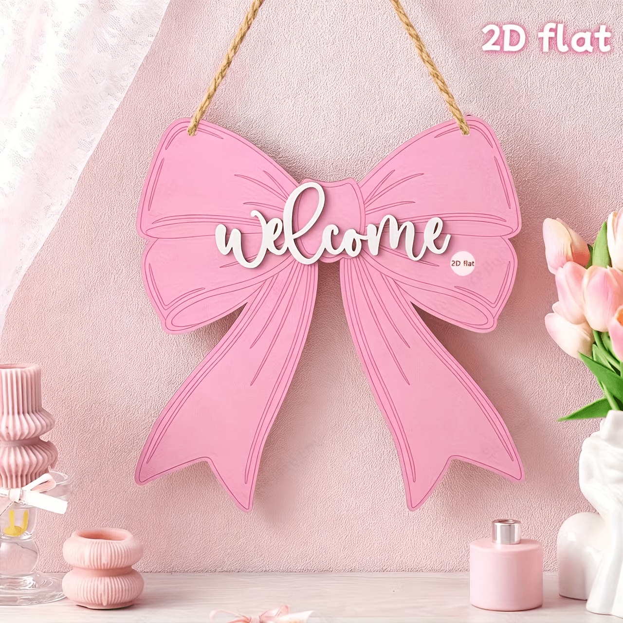 TEMU 1pc 2D Plat, Nœud de Rose Pastel - Décoration Suspendue Élégante en Bois avec Panneau "", Corde Incluse pour une Suspension Facile - Ornement de