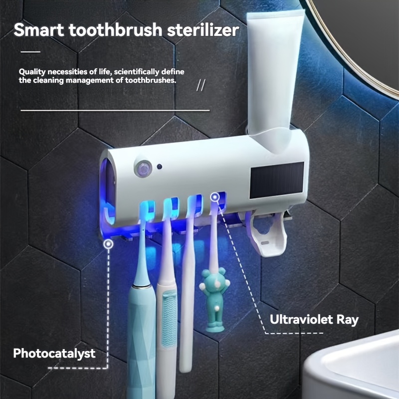 senbowe usb rechargeable smart toothbrush holder with blue light sterilizer uv ray photo technology non punch wall mounted design 18650 lithium battery multi functional toothbrush storage box for bathroom organization usb rechargeable holder modern toothbrush holder materials details 0