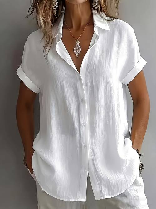 womens lapel shirt loose short sleeve single button tummy control top lightweight breathable fabric casual versatile style easy curved lazy style t shirt