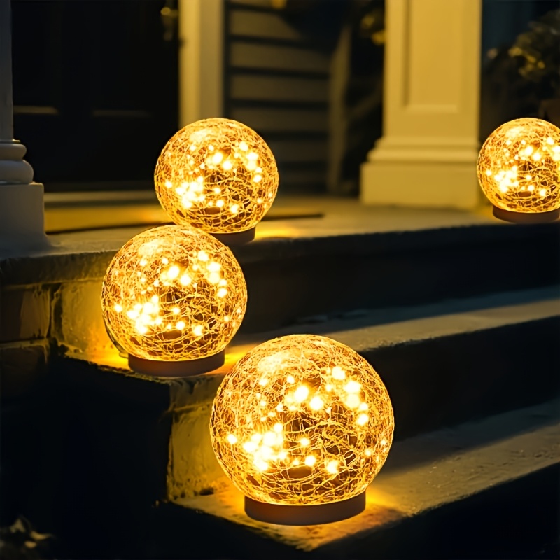 TEMU Shatterproof Packaging 4-pack Solar Crackle Glass Balls Outdoor Lights, Pathway Stake Lights, 2 Hours Fast Charge 6 To Working Time, Perfect For