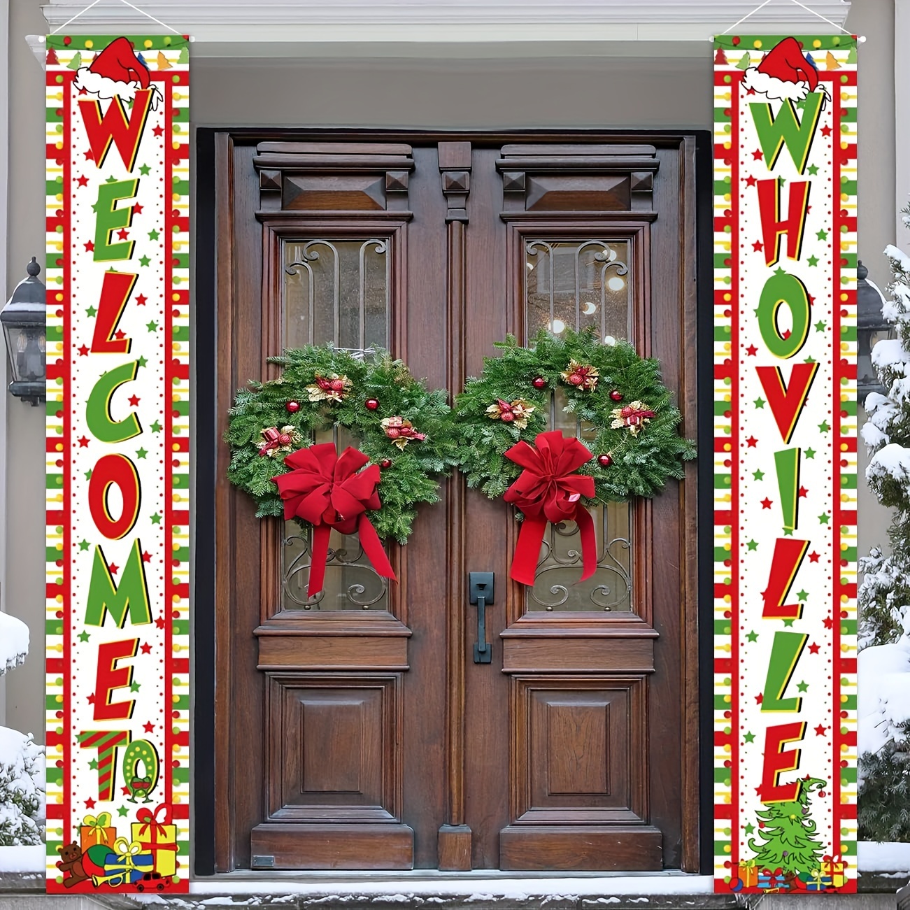 

Whoville Welcome Porch Sign - 2pcs Christmas Door Banner Set, Vinyl Outdoor Holiday Decorations For Eve Party, Christmas Decor