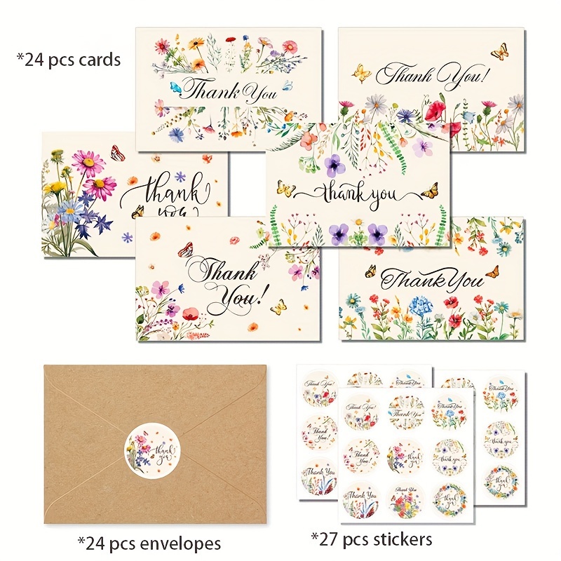 TEMU Ensemble de 75 cartes de remerciement florales vintage | Inclut des autocollants pour enveloppes pour mariages, anniversaires, fêtes, jours de