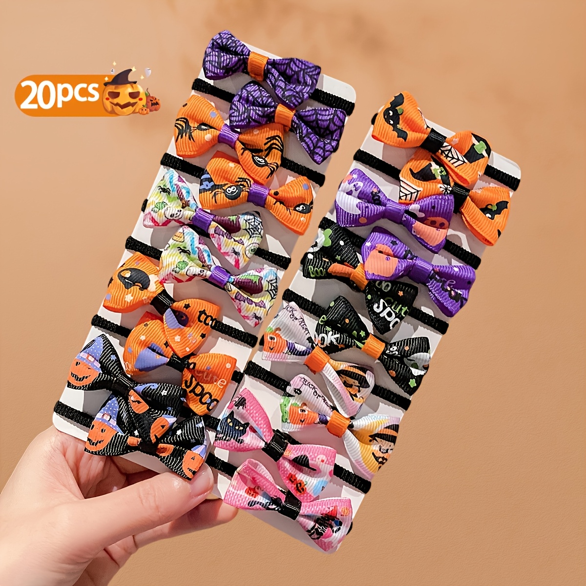 TEMU 20pcs Halloween Printed Ribbon Bow Hair Tie Set, Multi-element Pumpkin Black Cat Pattern Fabric Stretch Hair Bands, Party Atmosphere Hair