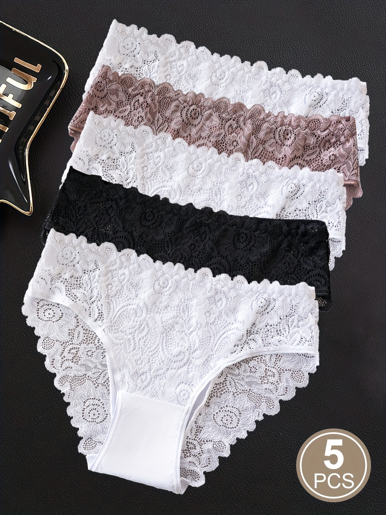 Pack de 5 Bragas de Encaje Floral Calado de Color Sólido para Mujer, Cómodas y Bordadas