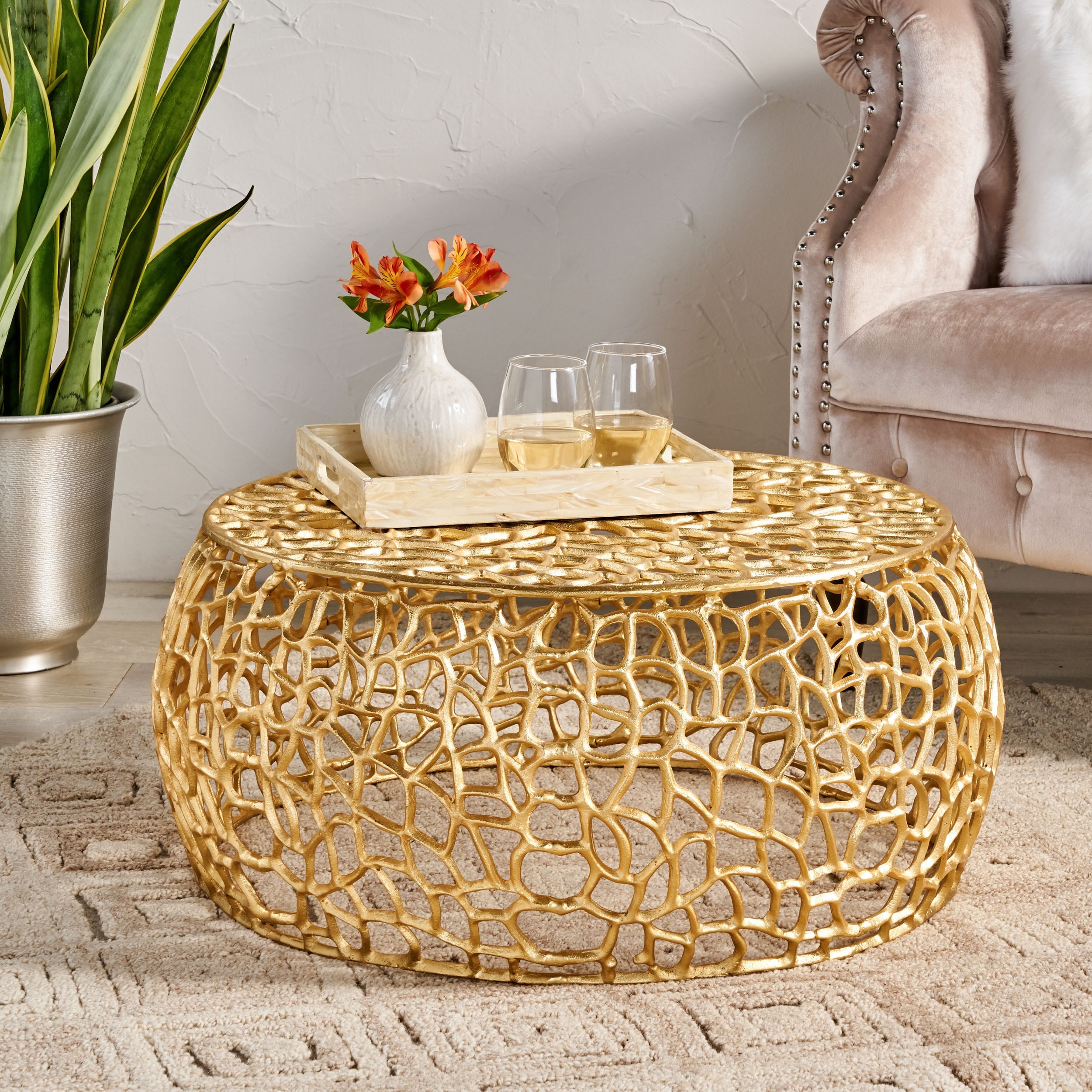 

Metal Table, Handmade Aluminum Coffee Table, Side Table, Suitable For Bedroom, Living Room, Garden, Courtyard Furniture Table, Beautiful And Simple Golden Table, Root Pattern