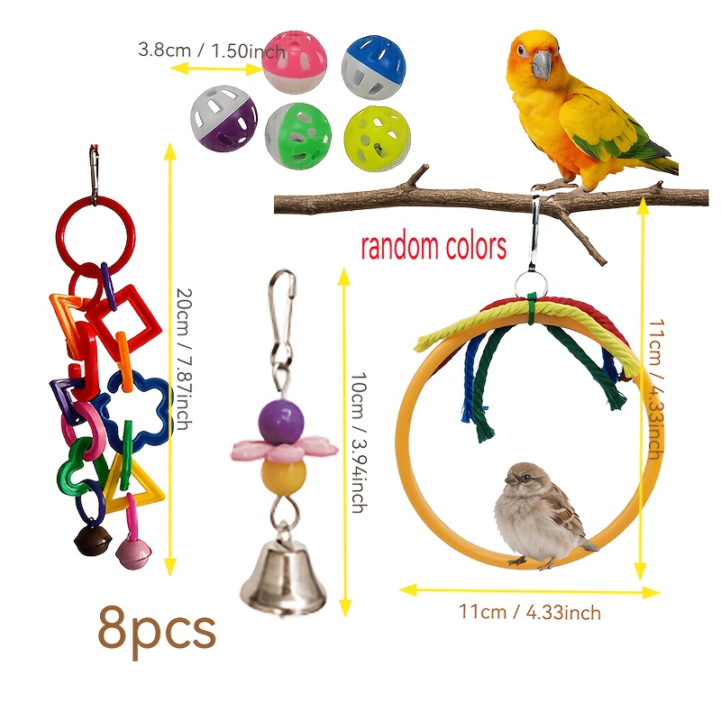 TEMU 8pcs Parrot Hanging Chewing Toys Color Swing Ring Bird Cage Play Toys For Small Parakeets Random Colors