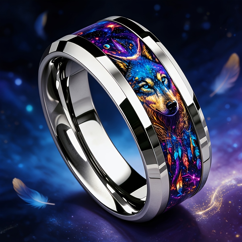 Unisex Dreamy Starry Rainbow Wolf Ring, Unique Design