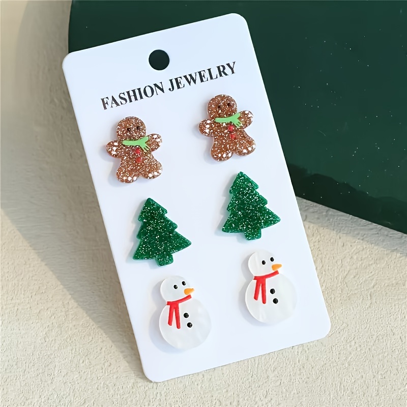 

3-pair Earrings Set - Gingerbread For Man, Snowman & Christmas With Green & Red Accents, Acrylic With Stainless Steel Posts - Ideal For & Gifts, Christmas Earrings