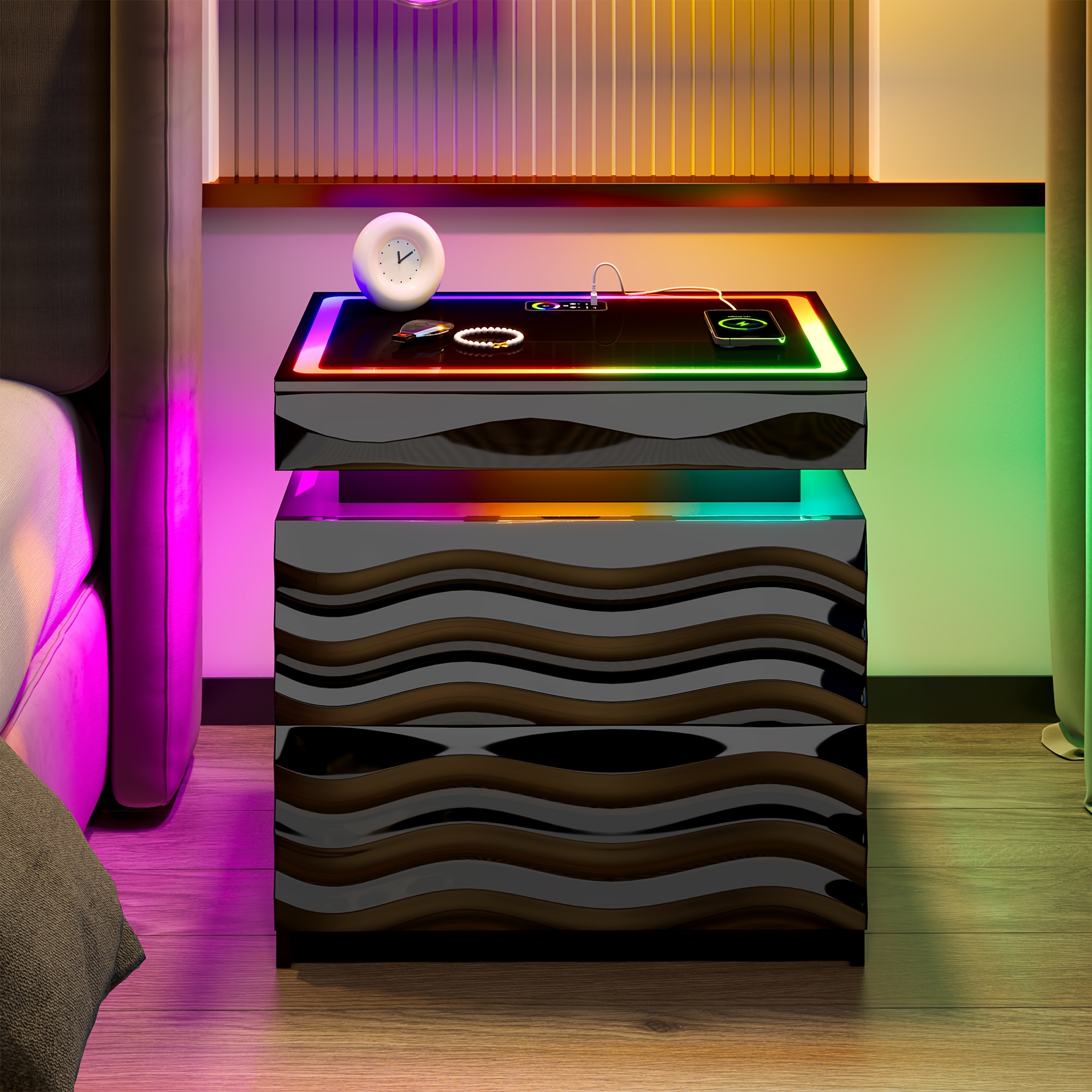 TEMU Hwb Modern Bedside Table With Charging Station & Rgb Lights, Lockable Nightstand Suitable For Bedroom, 3-drawer Tempered Glass Cabinet With