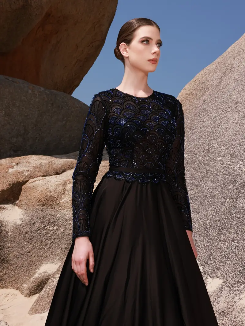extra large evening dresses Custom-made Plus Size Black Sequin Black sparkly Long dress with Long Sleeves, Ruffles, and Lace Appliques