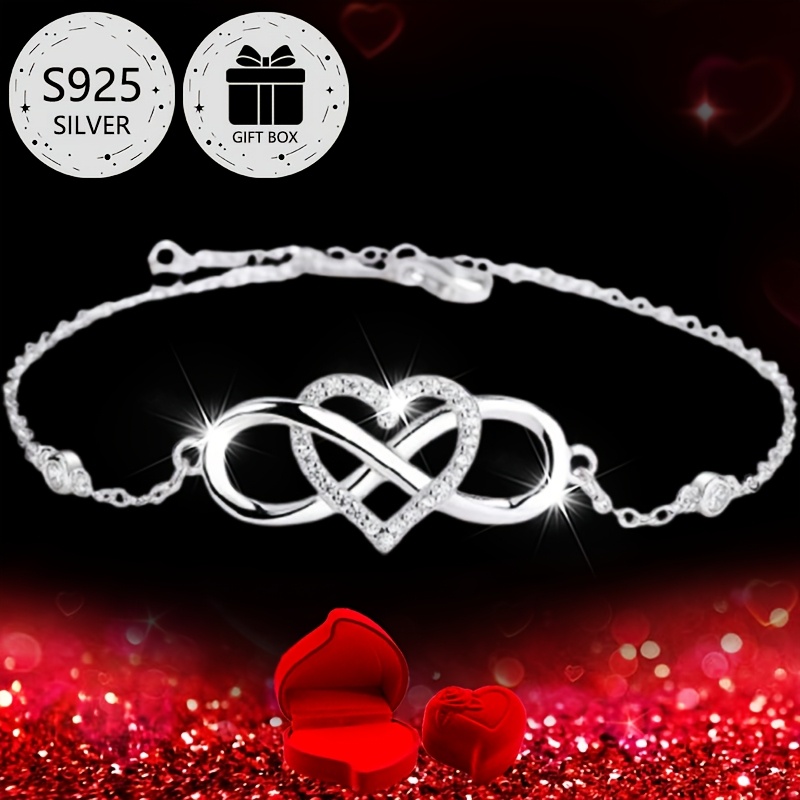 

1pc Élégant Bracelet Infinity Heart en Argent Sterling 925 avec Zircon , Style Simple de Luxe, Boîte Cadeau Incluse, Parfait pour la Saint-Valentin, des Mères, le à l'École, , le Port , les Vacances,