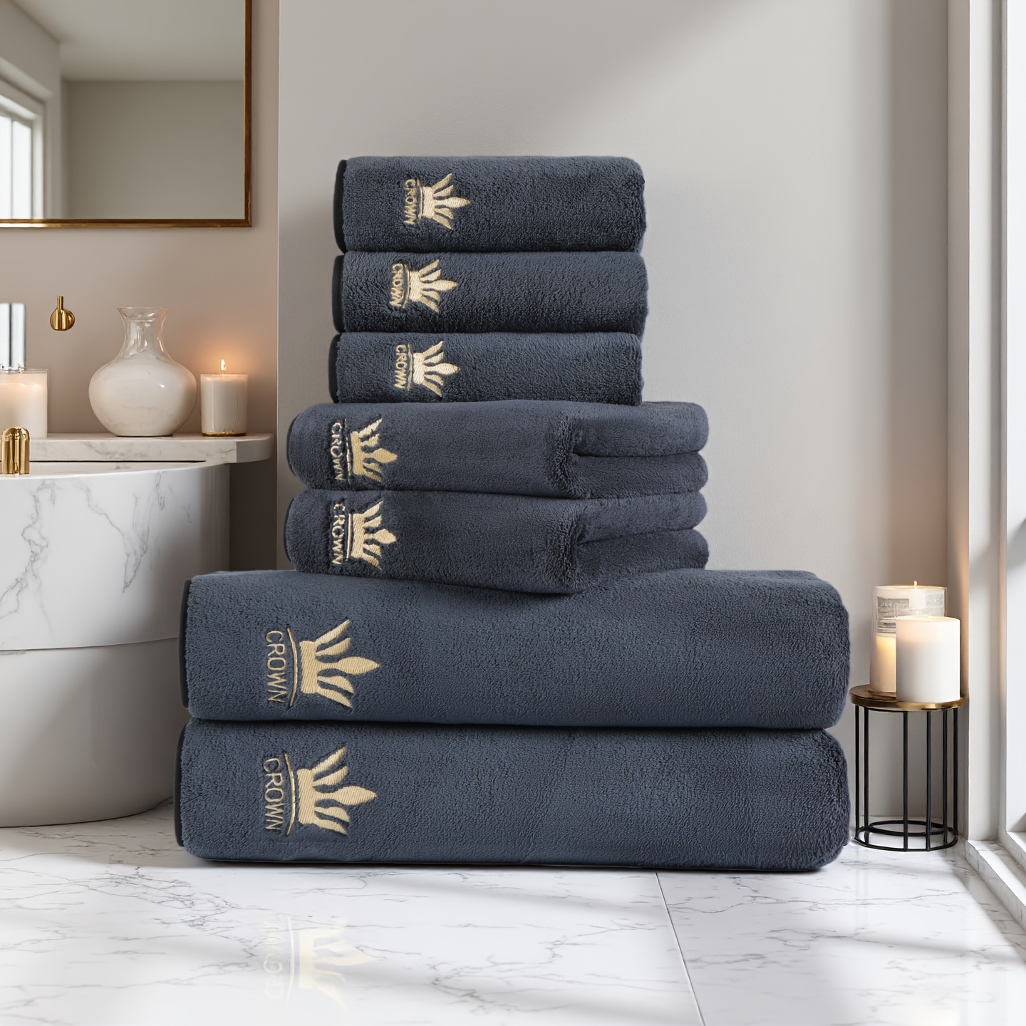 E-shop 3/7-teiliges besticktes, einfarbiges Handtuch- und Badetuch-Set, 1 Stück 70*140 cm Badetuch, 1 Stück 42*70 cm Handtuch, 1 Stück 35*35 cm / 2