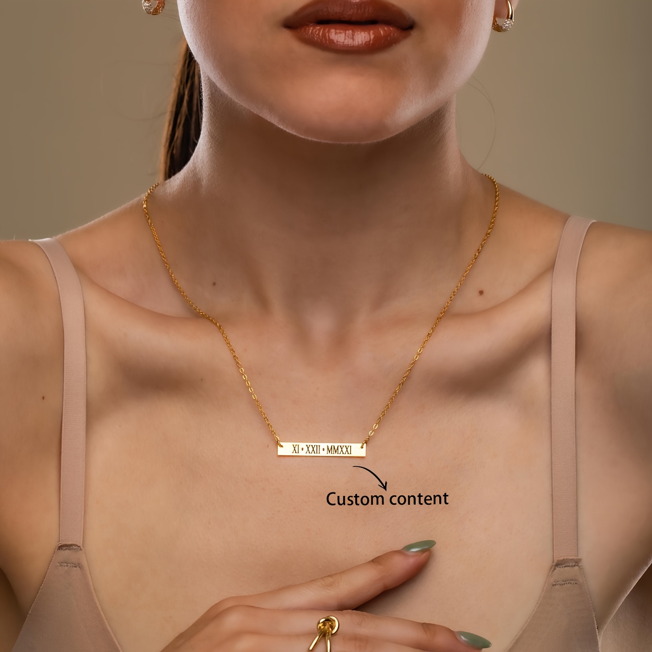Custom Roman Numeral Bar Necklace, 18K Golden Plated