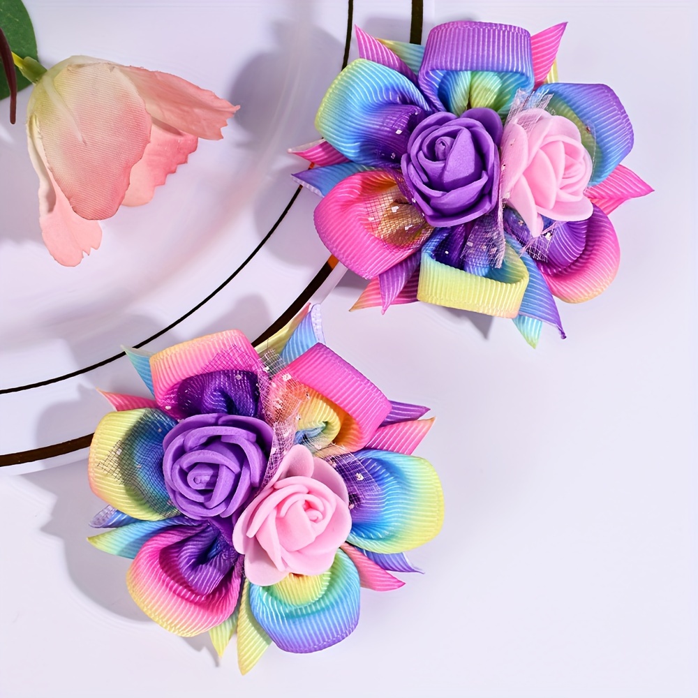 

2pcs Rainbow Gradient Flower Hair Clips, Cute Ribbon Hair Accessories, Polyester Foam Floral Decor, Ideal For , Seasonal Fashion For Teens, Mixed Colors, Youth Fashion Accessories