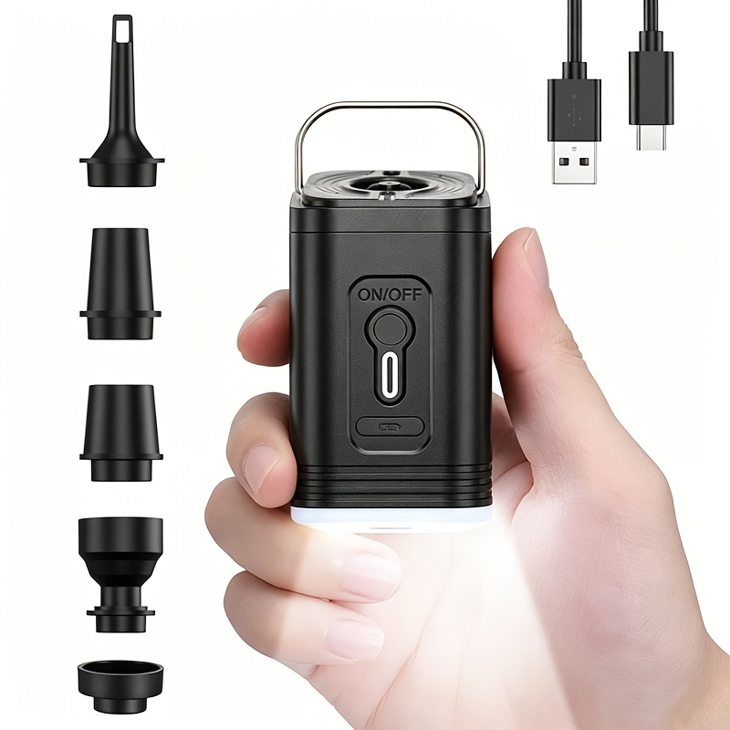 TEMU Electric Air Pump Inflator, Mini Pump For Inflation And Deflation, Usb Rechargeable, With 5pcs Nozzles And Auxiliary Lighting Fixtures, For
