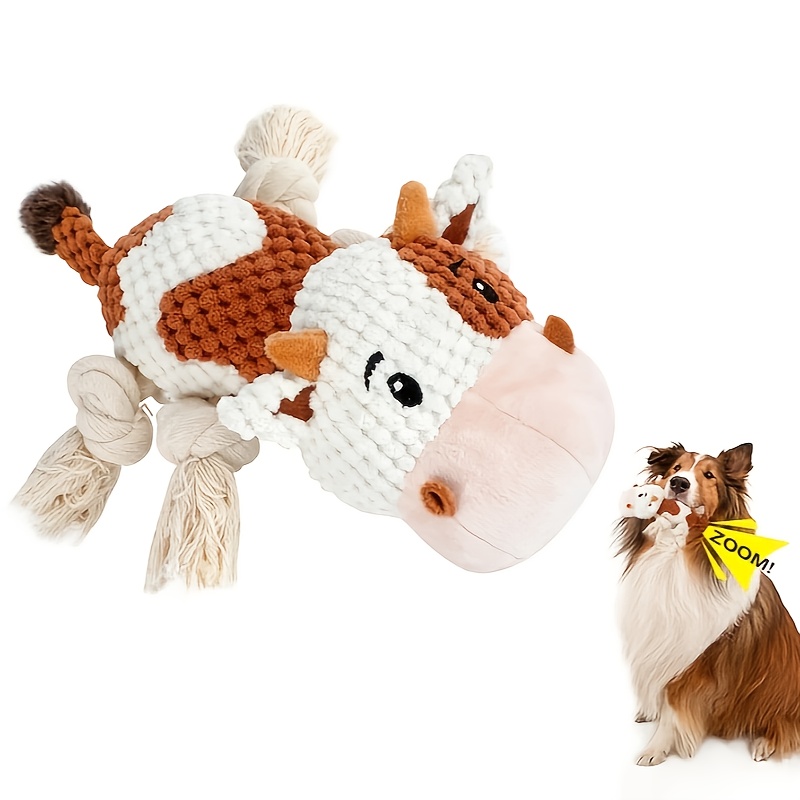 TEMU Plush Cow Dog Toy With Rope, Cute Squeaky Dog Toy And Wrinkle Paper, Chewable Dog Toy For Small, Medium, Large Dogs