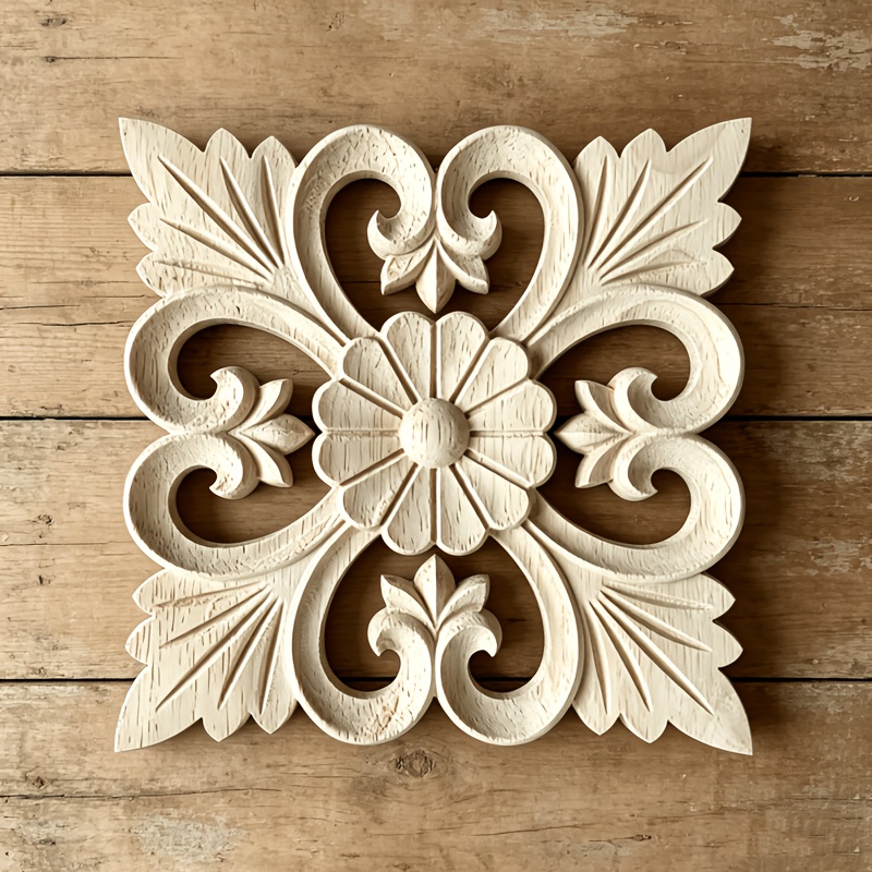 TEMU 1pc, Square Wood Carving Applique 3d Relief, Snowflake Pattern, Solid Rubber Wood Hollow Carving, Can Decorate Furniture, Doors, Cabinets, Beds,