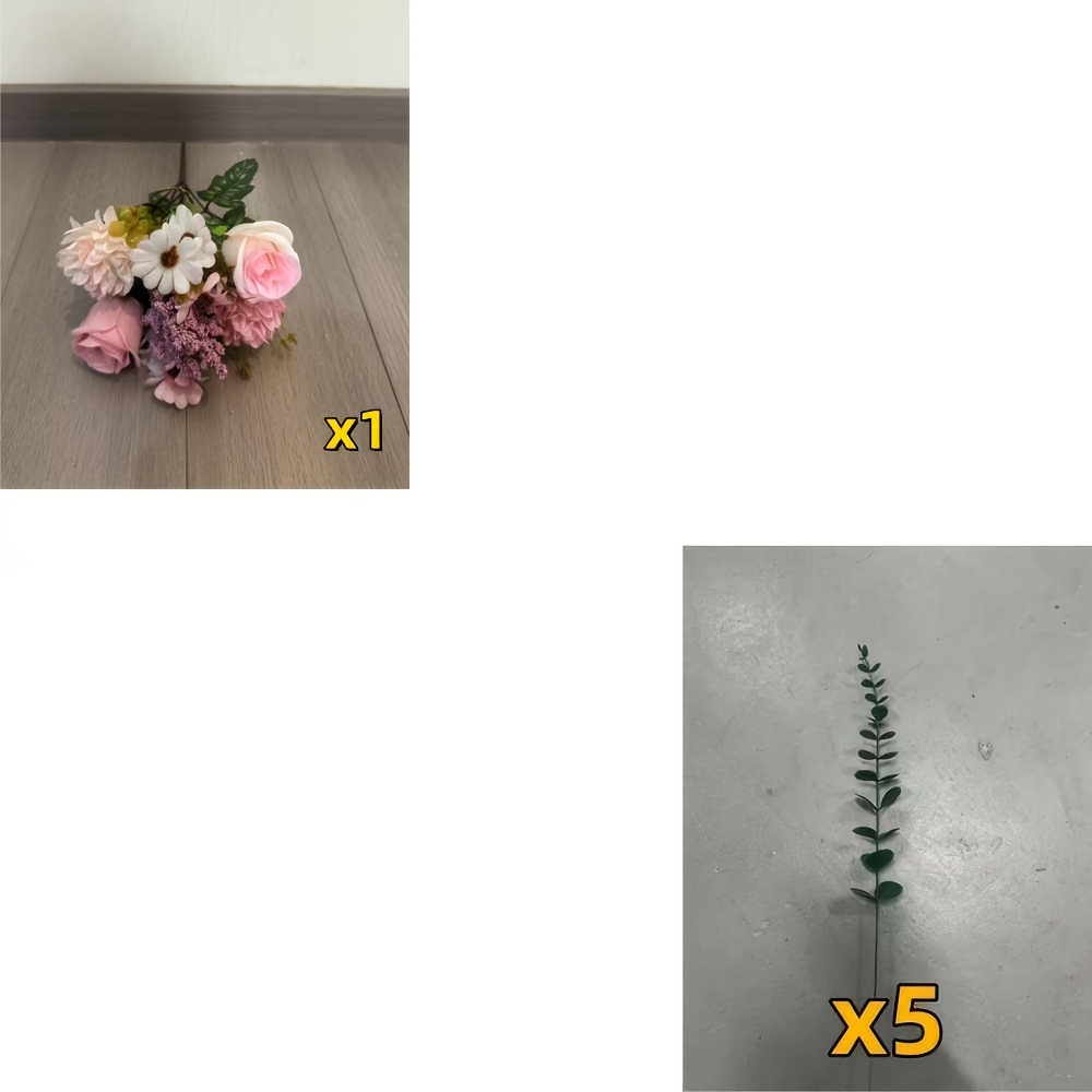 TEMU Lot de 6 bouquets de fleurs artificielles simulées avec roses, et eucalyptus - Combinaison réaliste de verdure rose et blanche, fleurs