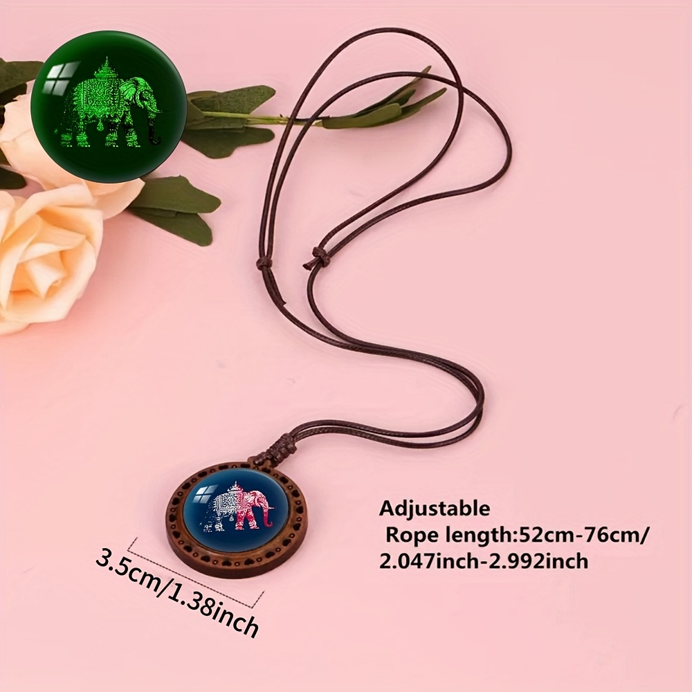 Thai Elephant Pattern Wooden Pendant Necklace, Unisex Gift