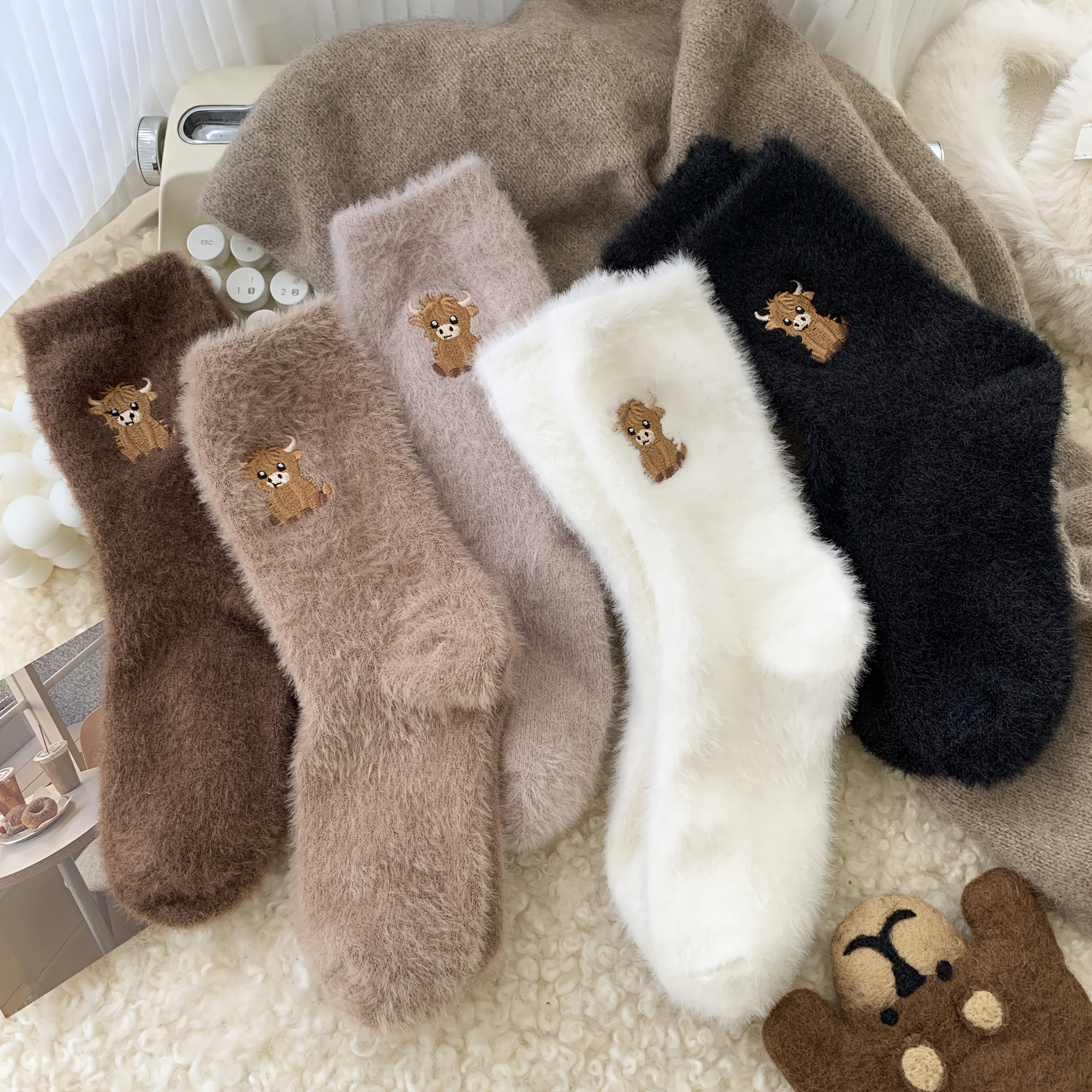 5 pairs womens cow embroidered plush socks winter thick warm soft floor socks with cute cartoon cow design   lounge socks for cold weather brown neutral tones hand   clean fluffy socks indoor       fabric construction  able loungewear stylish loungewear durable stitching     Product details 2