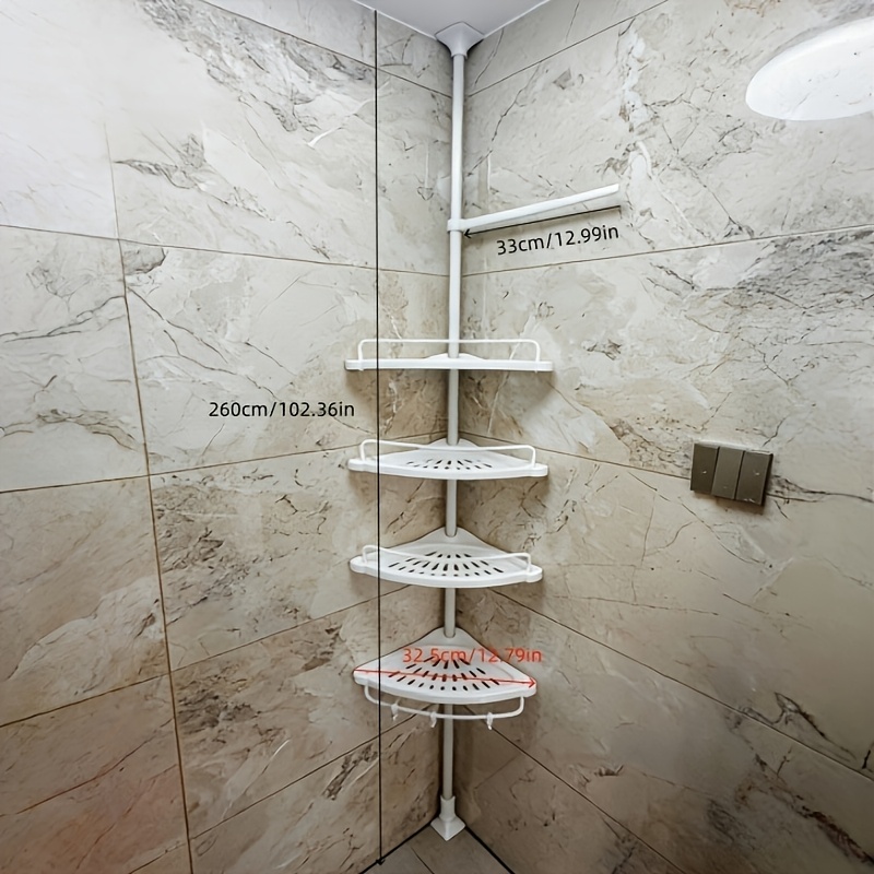 this multifunctional corner bathroom shelf features adjustable and expandable design   to different sizes of bathroom spaces   with a practical rotating towel rack its   as a   wall mounted unit shelves Product details 2