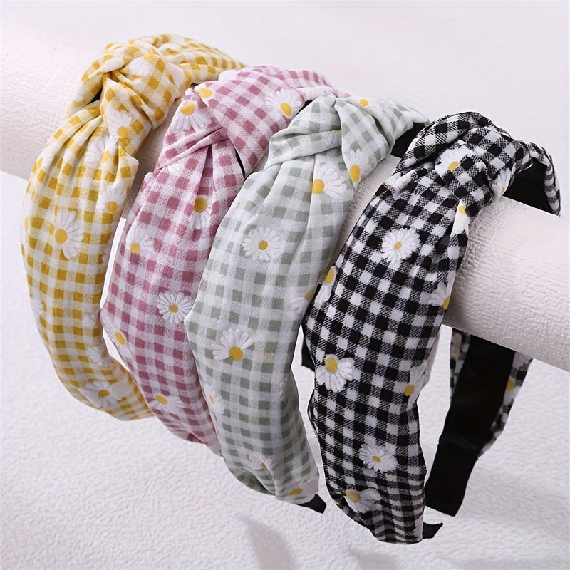 

4pcs Daisy Floral Gingham Knot Headbands For Women, Elegant Fashion Hair Accessories With Cross Top Knot, Cute & Sweet Style Hairbands For Daily Use