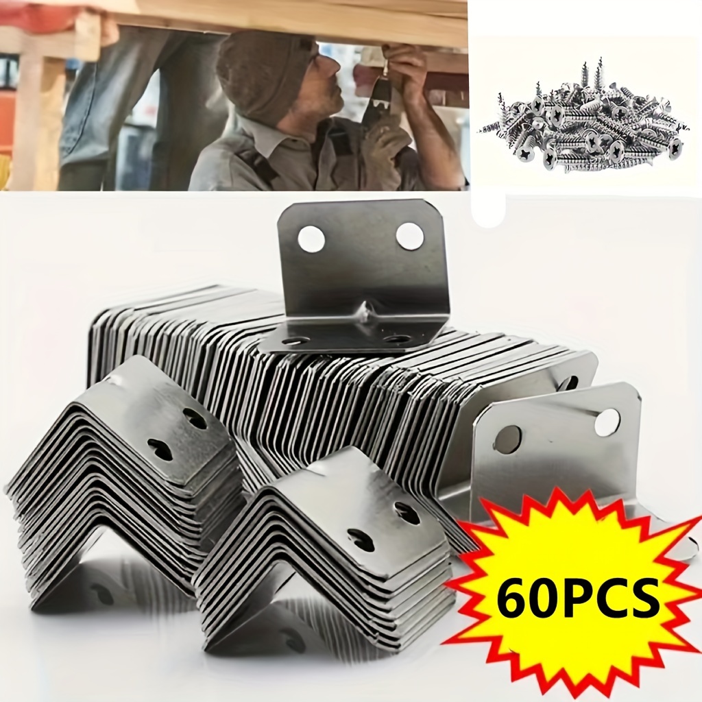 

60-pack Stainless Steel L-shaped Corner Braces, 90 Degree Angle Joint Connectors, Bracket Fasteners For Furniture, Tables, Chairs, And Wardrobes With Screws