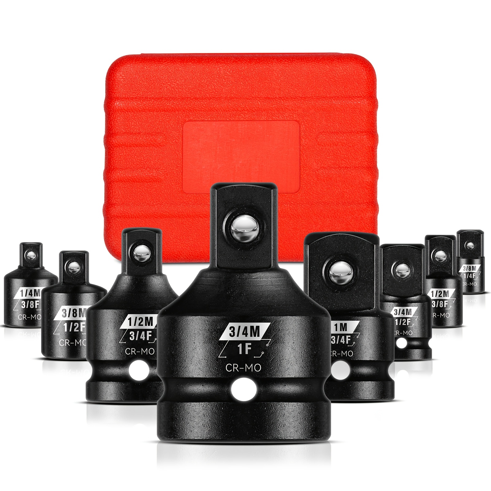 Set Of 8 Impact Socket Adapters, Including Sizes 1", 3/4", 1/4", 3/8", And 1/2". This Set Features Square Adapters And Reducers For Use Driver Wrenches, Made From Cr-mo