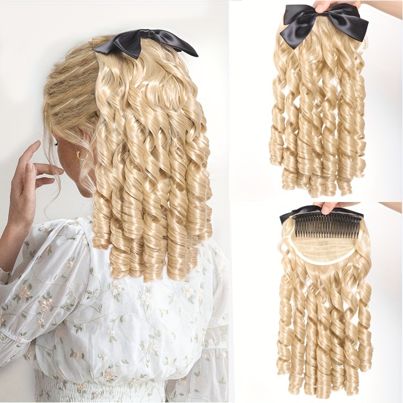 

Elegant Curly Ponytail Extension, 14 Inch, Premium Heat Resistant Synthetic Fiber, Strong Hold With Upgraded Firmly Attached Comb, Hand Washable – Blonde With Black Bow