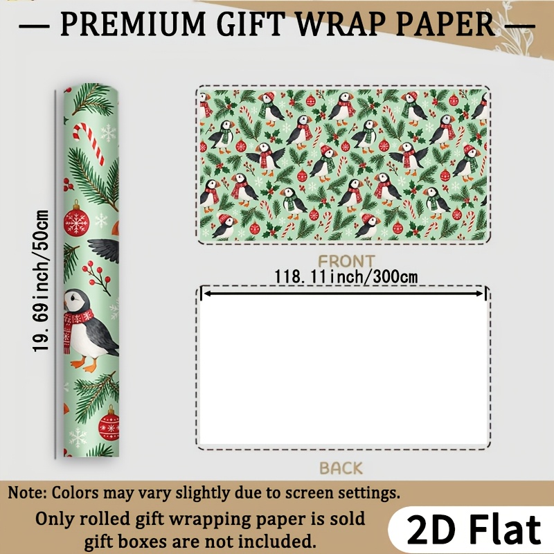 TEMU 1 Roll 2d Flat Christmas Theme Wrapping Paper, Light With Pattern, Holly, Christmas Balls, Cane Sugar, And Pine Branches, 118.11x19.69 Inches,