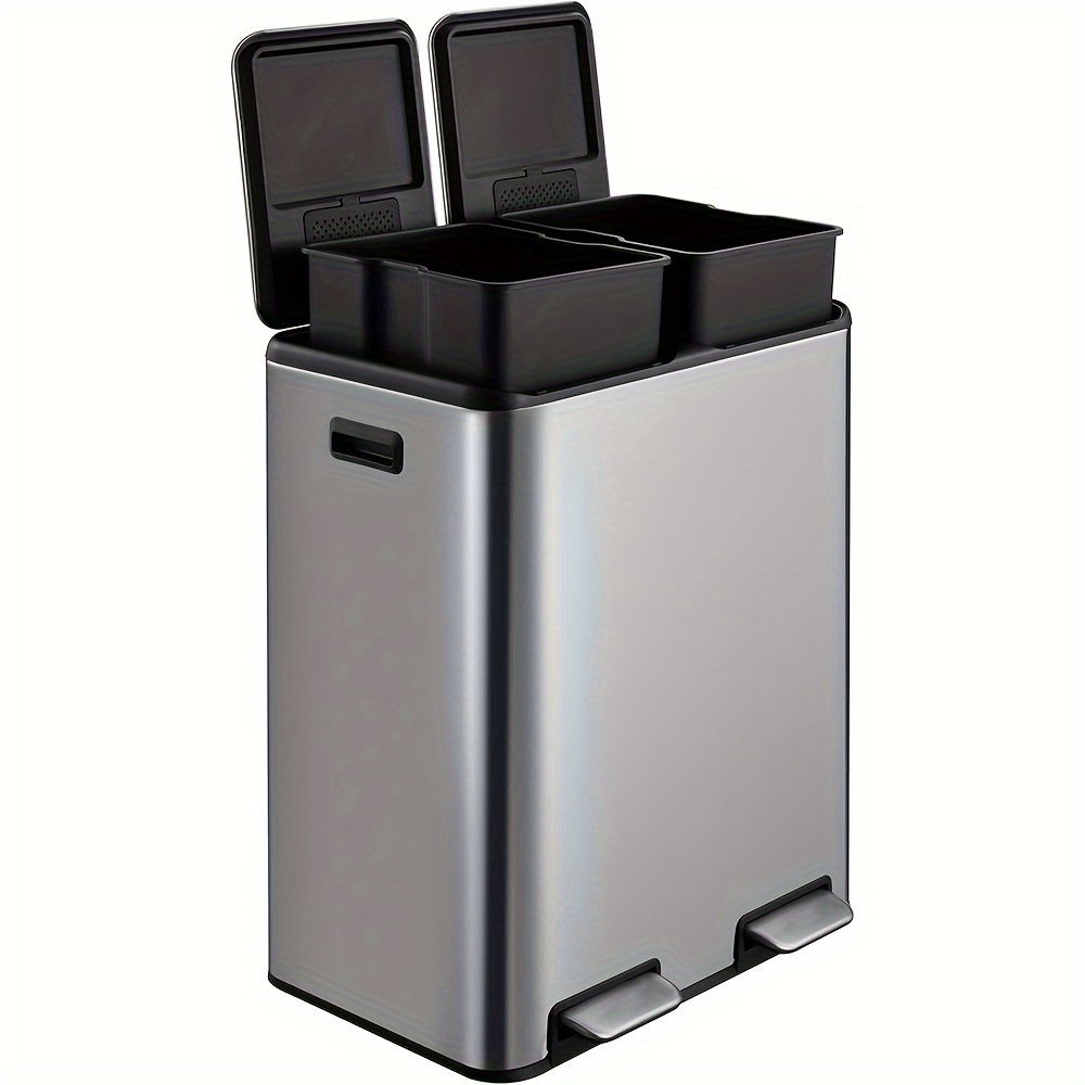 

60 Liter / 16 Gallon Rectangular Dual Compartment Recycling Kitchen Step Trash Can With Lid, 2 Plastic Inner Buckets And Hinged , Brushed Stainless Steel