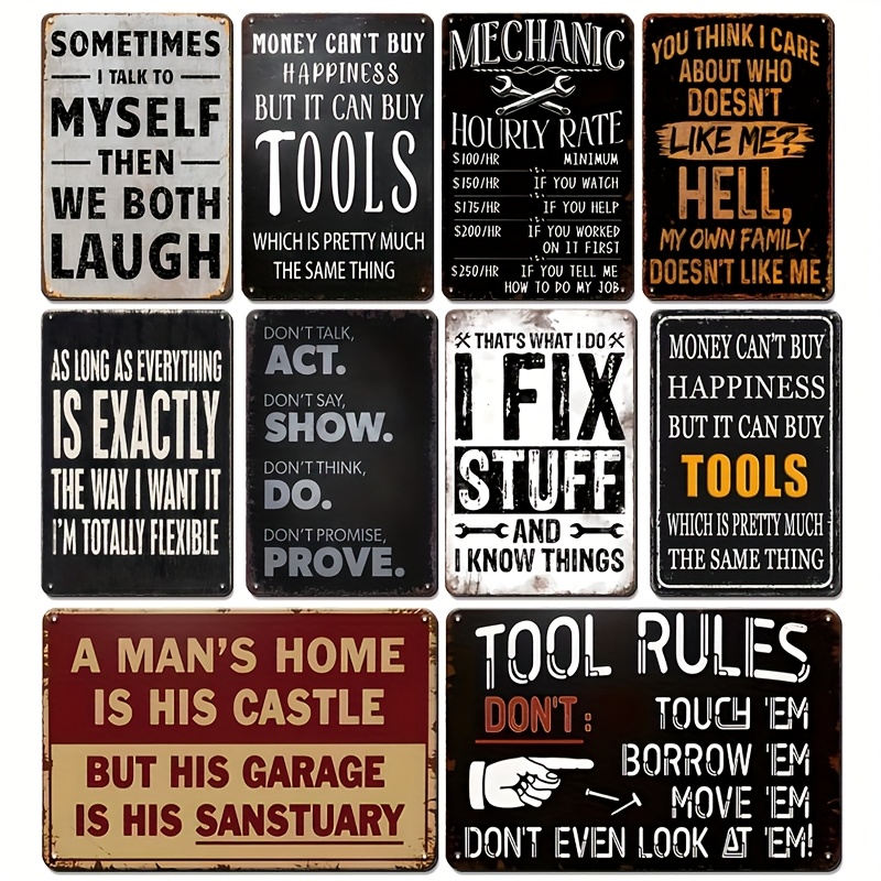 TEMU 10pcs Vintage Metal Tin Signs, Humorous Quotes Wall Art, Waterproof & Dustproof, 12x8 Inch Rectangular Hanging Decor For Man Cave, Garage, Bar,