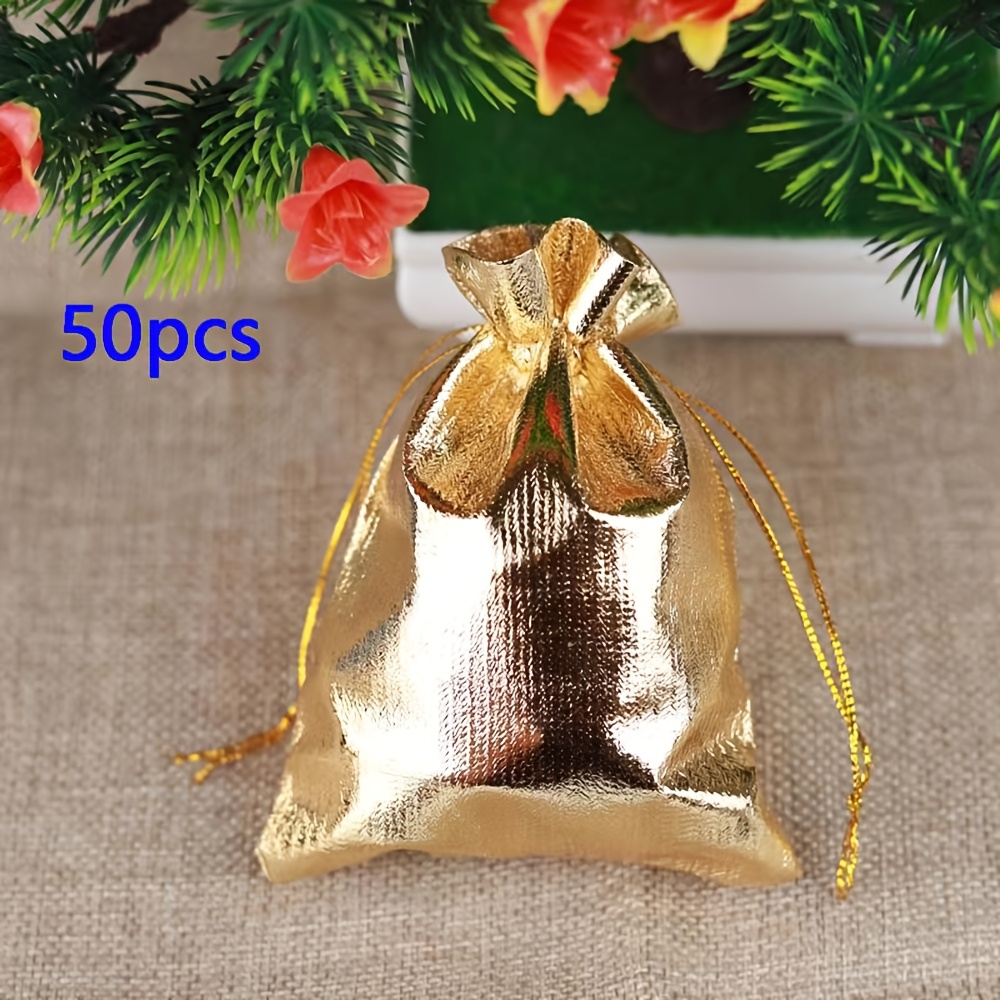 TEMU Regalo /Lui 50 pezzi Sacchetto di stoffa e argentato, Sacchetto regolabile per confezionamento gioielli, Sacchetto con coulisse in foglia e