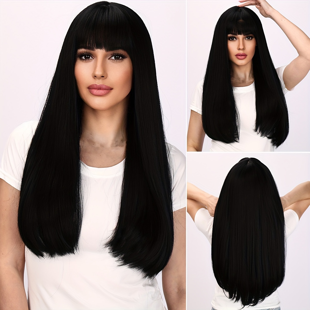 

Smilco 24inch Fashionable And Elegant Women's Black Banged Synthetic Straight Hair Wig - Heat-resistant, Easy To Shape, Paired With A Comfortable Rose Mesh Hat To Create A Daily Look
