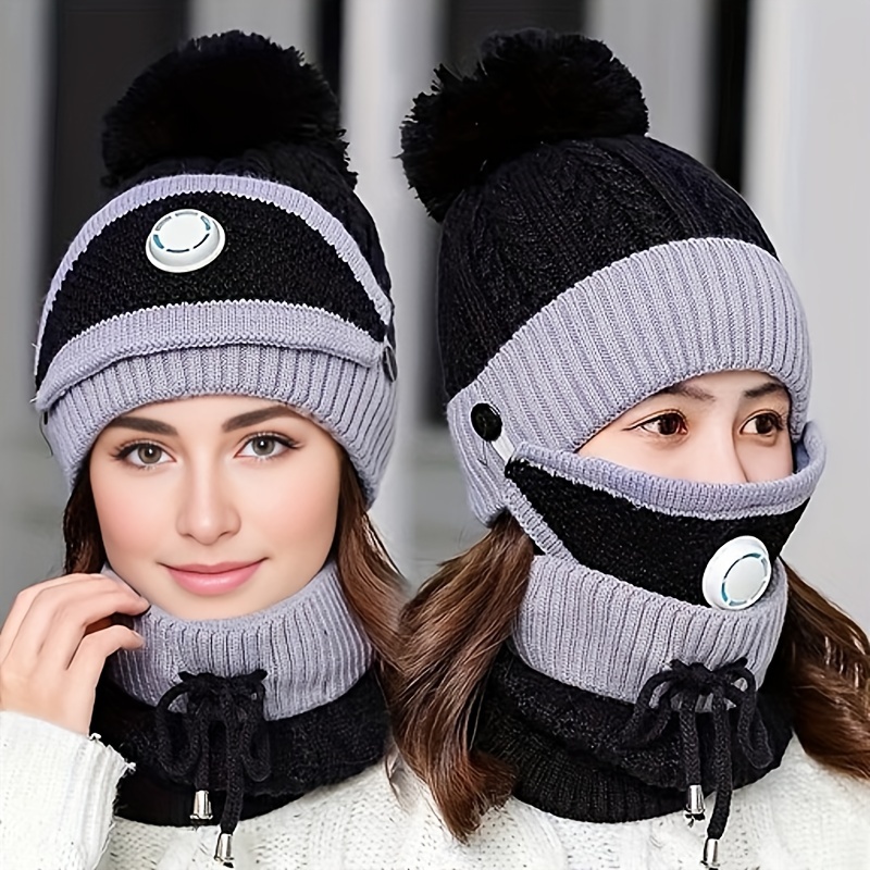 

3pcs～mask Hat Scarf Women's Autumn And Winter Knitted Hat Thickened And Fleece Warm Ear Protection Knitted Hat Set Plus Fleece Warm