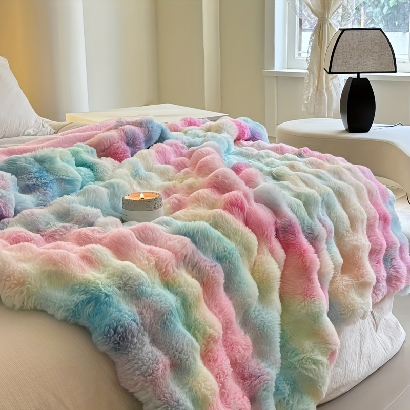 

1pc Double-sided Tie-dyed Rabbit Fleece Blanket, Luxurious, Comfortable And Warm, For Bedroom Living Room Student Dormitory Car , Multifunctional Blanket, For All Season.