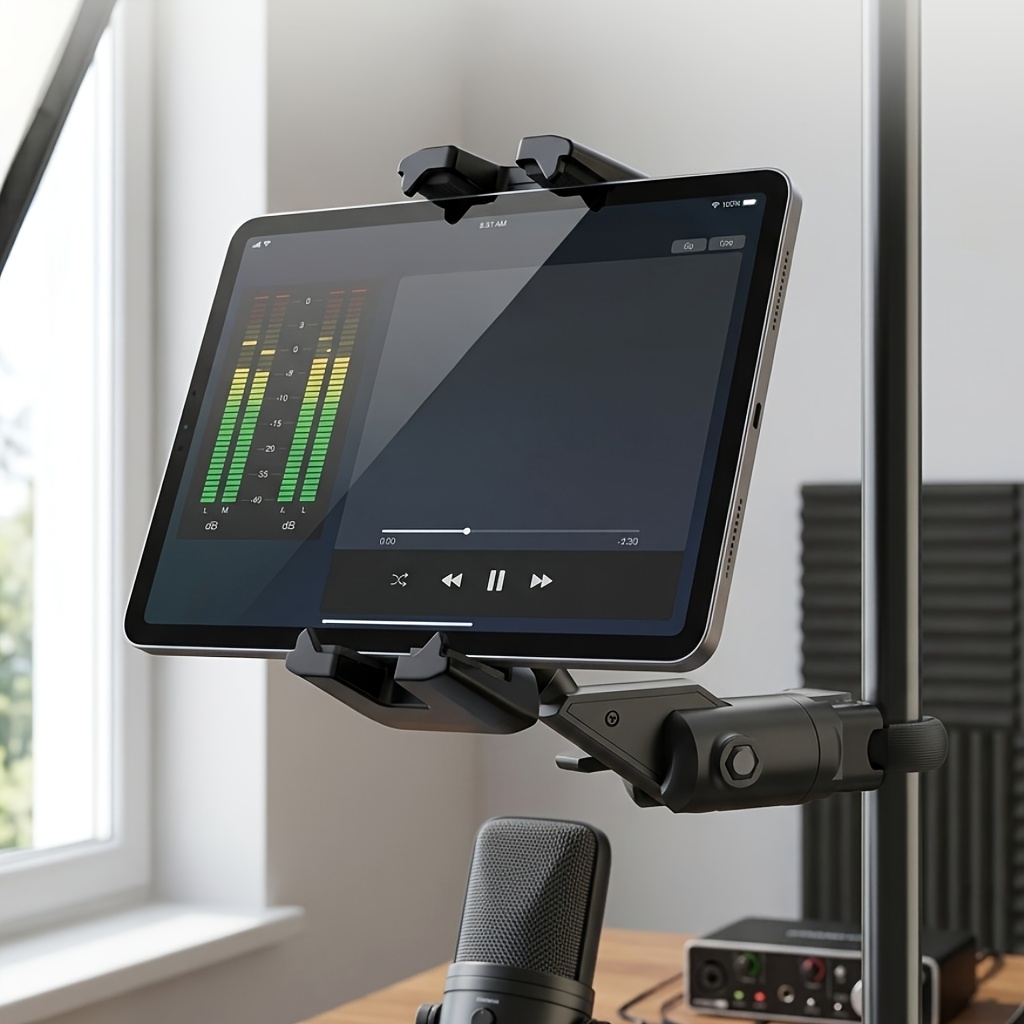 TEMU Support de microphone pour tablette, support de fixation de téléphone réglable pour poteau de microphone, barre de suspension rotative à 360°,