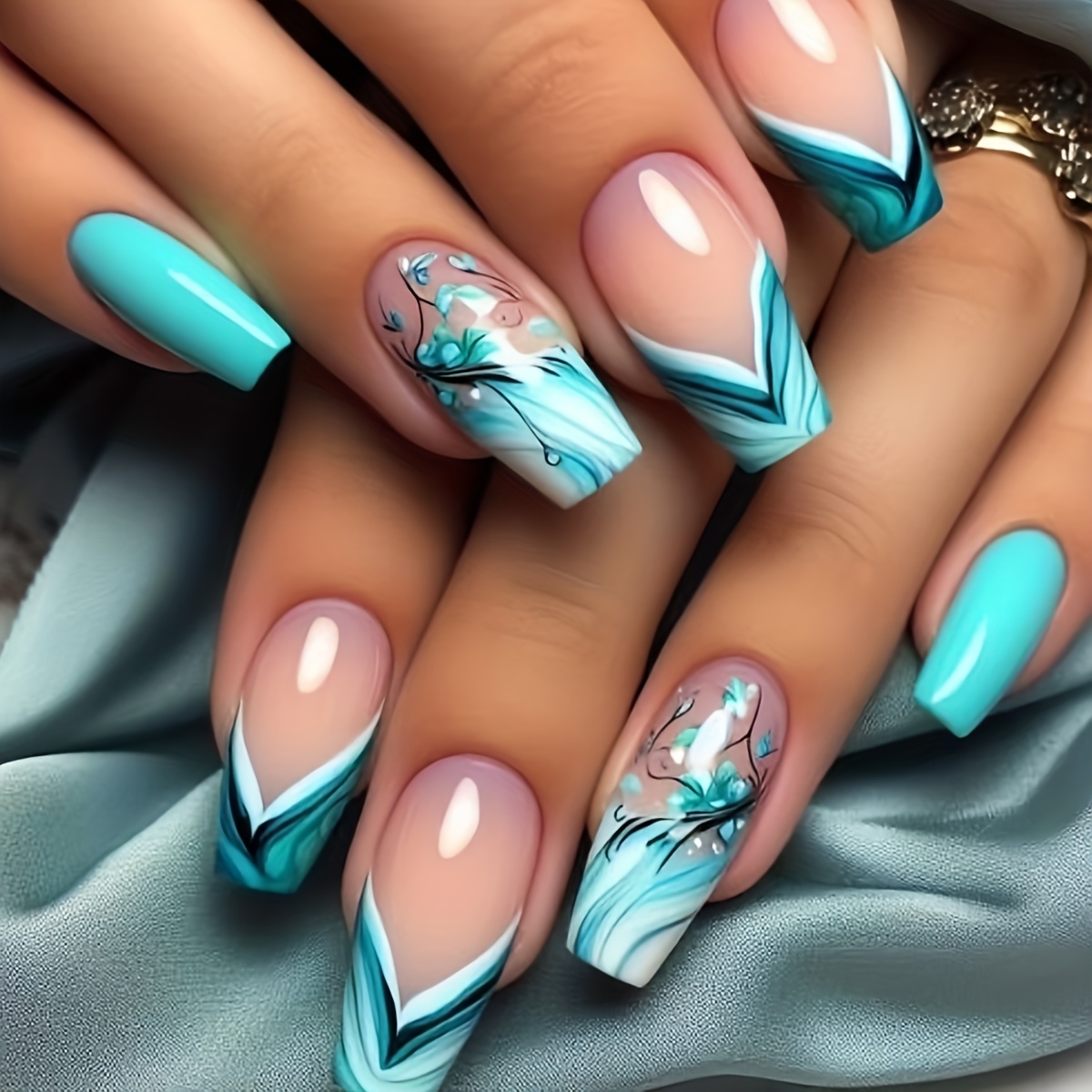 TEMU 24 faux ongles de style ballet de taille moyenne avec que des feuilles rayées, un nouveau design frais pour le nail art, comprend des outils